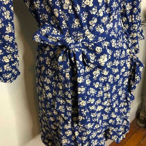 Sezane Dress Asianne Cara Antique Floral Wrap Mini Navy Blue Ruffle French 38 - Picture 6 of 13